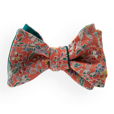 Men’s pink floral bow tie made from a vintage kimono. Bow tie man purple and green red flowers groom boho naturalistic