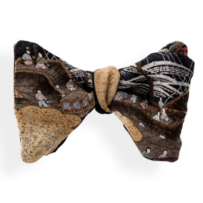 Bow tie selfite black from Japanese pattern made from vintage kimono. Bow tie with pattern inspired by Japanese themes