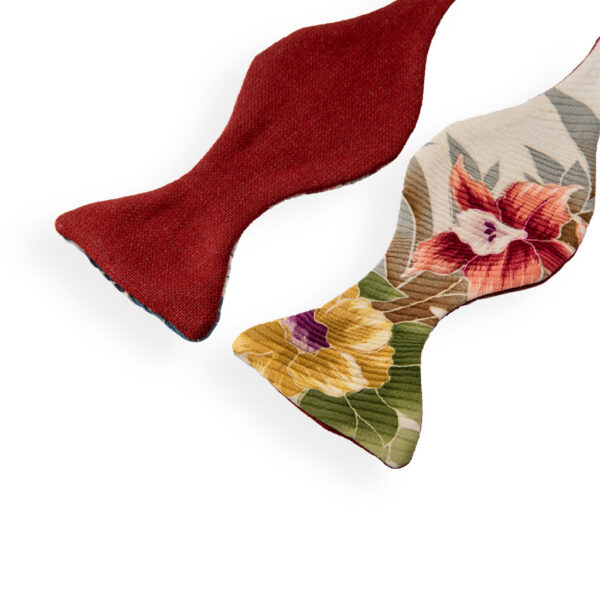 Ivory floral bow tie made from a vintage kimono. Bow tie man red and green blue flowers groom boho naturalistic