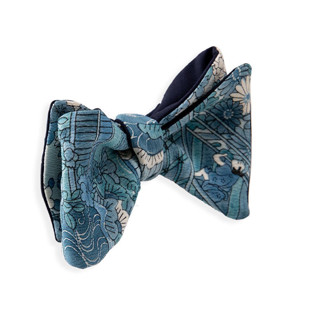Man bow tie with a blue Japanese pattern selftie from a vintage kimono. Men’s bow tie with fantasy inspired by Japanese themes