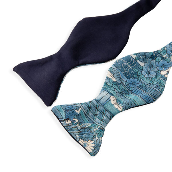 Man bow tie with a blue Japanese pattern selftie from a vintage kimono. Men’s bow tie with fantasy inspired by Japanese themes