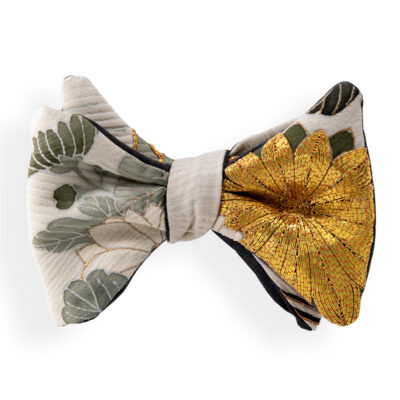 Ivory white bow tie with embroidered gold flowers in Japanese silk made from a kimono. Bow tie selftie for ceremony
