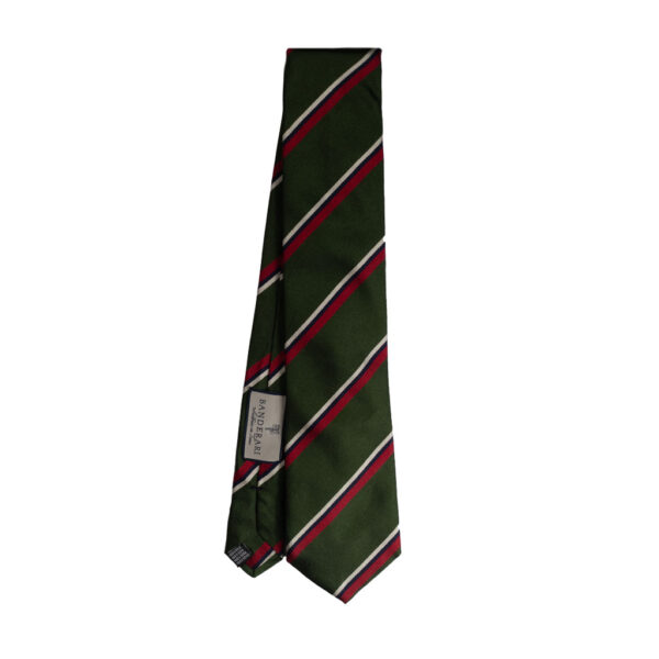 Cravatta regimental verde rosso bianco e blu in seta jacquard tre pieghe realizzata a mano in Italia con seta inglese Vanners. Cravatta a strisce 3 pieghe