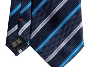 Cravatta regimental blu azzurro e bianco in seta jacquard tre pieghe realizzata a mano in Italia. Cravatta a strisce 3 pieghe