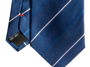 Cravatta regimental azzurro e bianco in seta jacquard tre pieghe realizzata a mano in Italia. Cravatta a strisce 3 pieghe