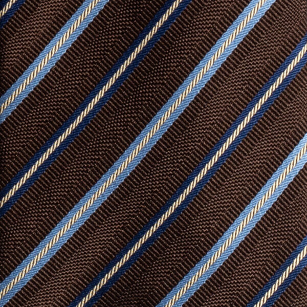 Cravatta regimental marrone celeste blu e bianco in seta jacquard tre pieghe realizzata a mano in Italia. Cravatta a strisce 3 pieghe