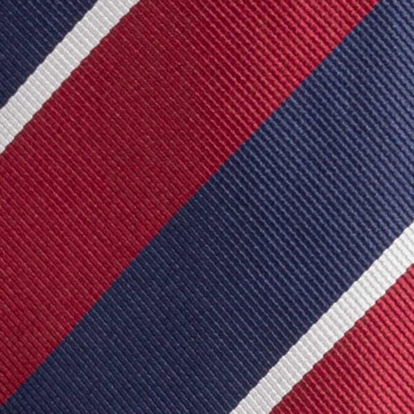 Cravatta regimental rosso blu e bianco in twill di seta tre pieghe realizzata a mano in Italia. Cravatta a strisce 3 pieghe