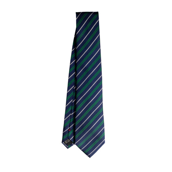 Cravatta regimental blu verde e bianco in seta jacquard tre pieghe realizzata a mano in Italia. Cravatta a strisce 3 pieghe