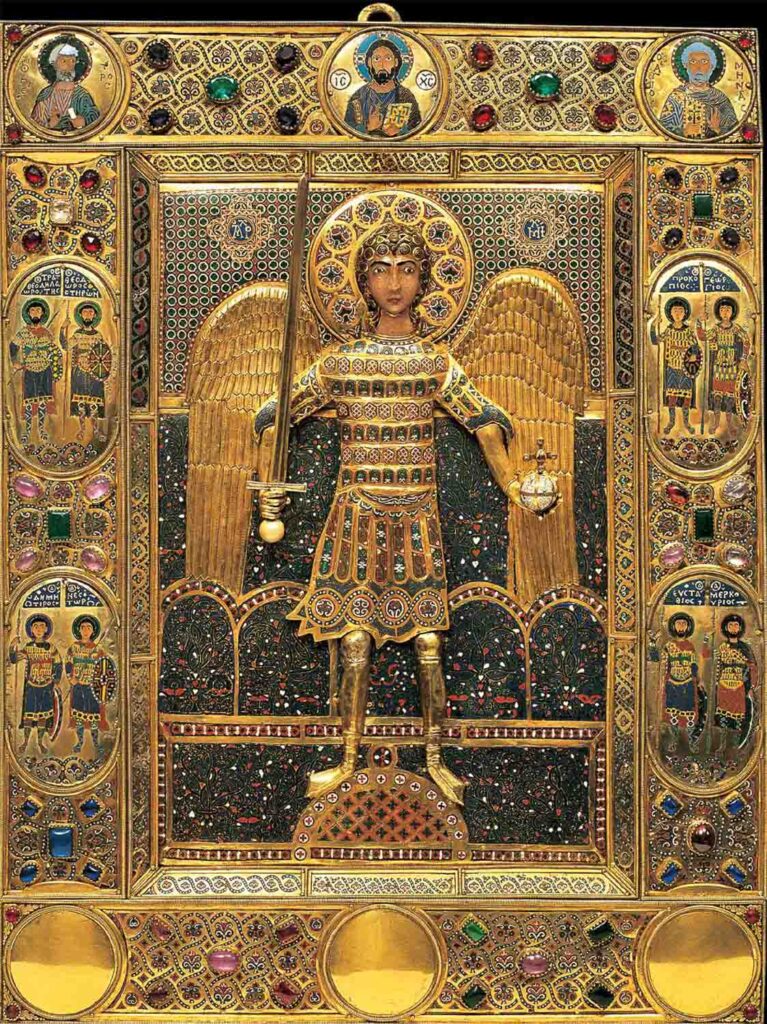 Esclusivo papillon unisex ricamato oro ispirato all'icona di San Michele. Elegante ed originale farfallino per uomo e donna per eventi esclusivi e party.