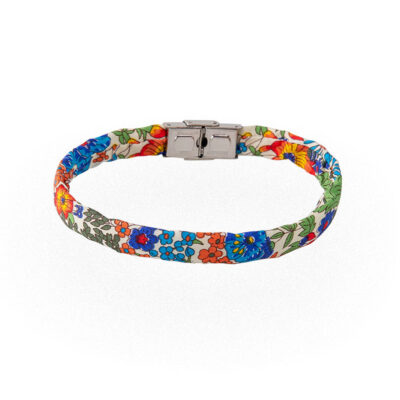 Braccialetto floreale blu arancione verde giallo bianco in cotone Liberty London Tana Lawn. Bracciali unisex in una vasta gamma di colori e fantasie.