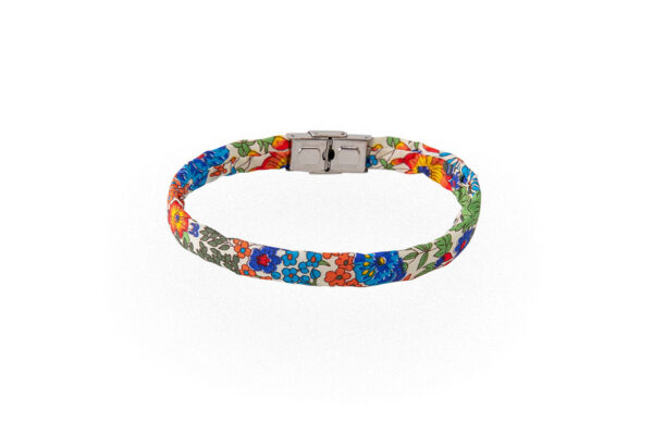 Braccialetto floreale blu arancione verde giallo bianco in cotone Liberty London Tana Lawn. Bracciali unisex in una vasta gamma di colori e fantasie.