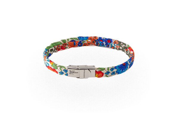 Braccialetto floreale blu arancione verde giallo bianco in cotone Liberty London Tana Lawn. Bracciali unisex in una vasta gamma di colori e fantasie.