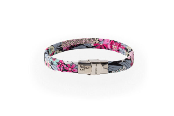 Braccialetto fucsia nero in cotone Liberty London Tana Lawn. Bracciale unisex dalla fantasia floreale colorata e vivace. Bracciale idea regalo per lui o lei