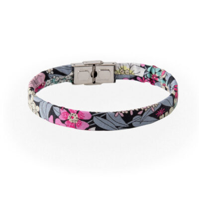 Braccialetto fucsia nero in cotone Liberty London Tana Lawn. Bracciale unisex dalla fantasia floreale colorata e vivace. Bracciale idea regalo per lui o lei