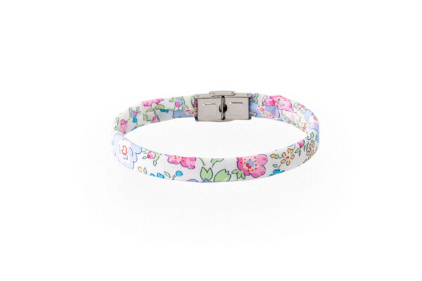 Braccialetto bianco rosa in cotone Liberty London Tana Lawn. Bracciale unisex dalla fantasia floreale colorata e vivace. Bracciale idea regalo per lui o lei