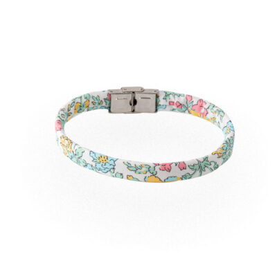 Braccialetto floreale fucsia bianco azzurro giallo in cotone Liberty London Tana Lawn. Bracciali unisex disponibili in una vasta gamma di colori e fantasie.