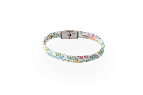 Braccialetto floreale fucsia bianco azzurro giallo in cotone Liberty London Tana Lawn. Bracciali unisex disponibili in una vasta gamma di colori e fantasie.