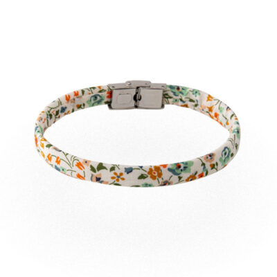 Braccialetto floreale bianco arancione verde in cotone Liberty London Tana Lawn. Bracciali unisex disponibili in una vasta gamma di colori e fantasie.