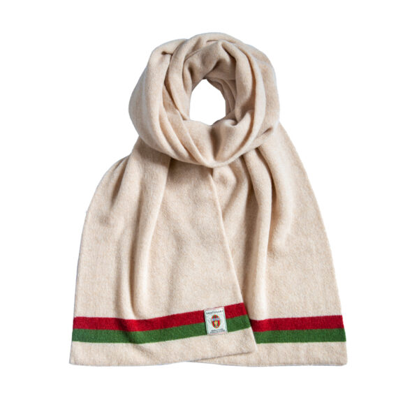 Sciarpa Ternana in puro Cashmere Cariaggi Beige impreziosita da due strisce orizzontali rosso e verdi alle estremità. Calda sciarpa in cashmere delle Fere.