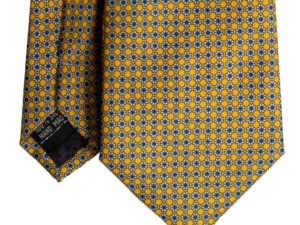 Cravatta fantasia geometrica giallo blu e bianco twill di seta tre pieghe realizzata a mano in Italia. Cravatta geometrica 3 pieghe di alta qualità