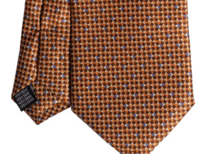Cravatta fantasia geometrica arancione marrone e blu in raso di seta tre pieghe realizzata a mano in Italia. Cravatta geometrica 3 pieghe di alta qualità