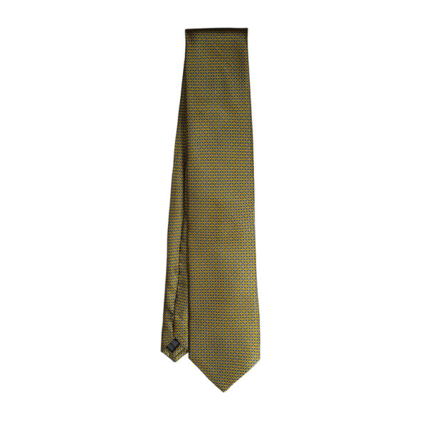 Cravatta fantasia geometrica giallo blu grigio e bianco in twill di seta tre pieghe realizzata a mano in Italia. Cravatta geometrica 3 pieghe alta qualità
