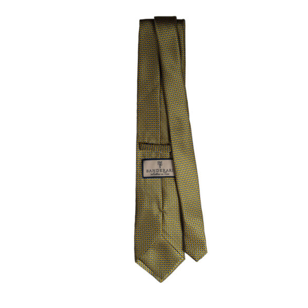 Cravatta fantasia geometrica giallo blu grigio e bianco in twill di seta tre pieghe realizzata a mano in Italia. Cravatta geometrica 3 pieghe alta qualità