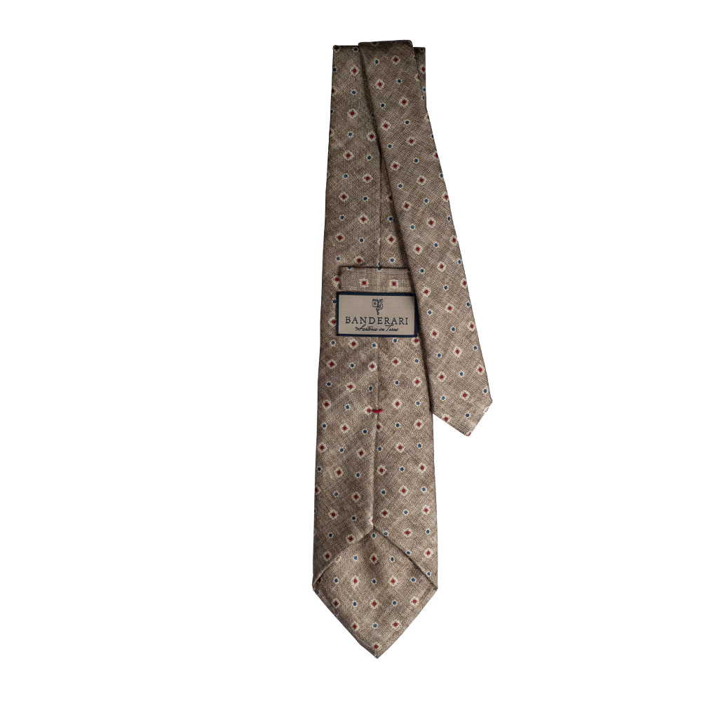 Beige micro patterned red and light blue silk twill tie