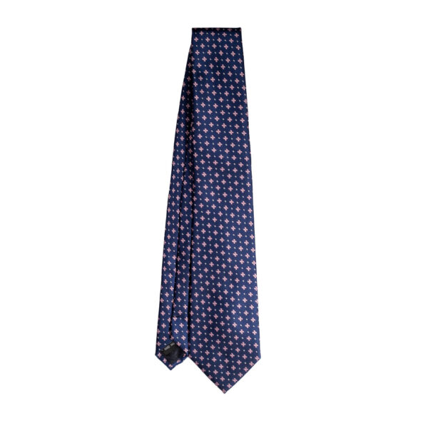 Cravatta blu micro fantasia rosa e bianco in twill di seta tre pieghe realizzata a mano in Italia. Cravatta blu micro fantasia 3 pieghe rosa