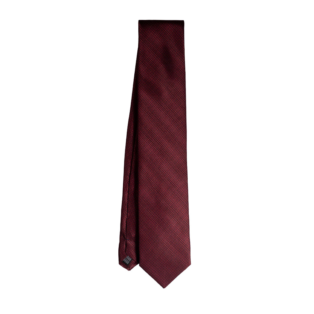 Cravatta rosso micro pois azzurro in raso di seta tre pieghe realizzata a mano in Italia. Cravatta rosso bordeaux fantasia micro pois 3 pieghe azzurro