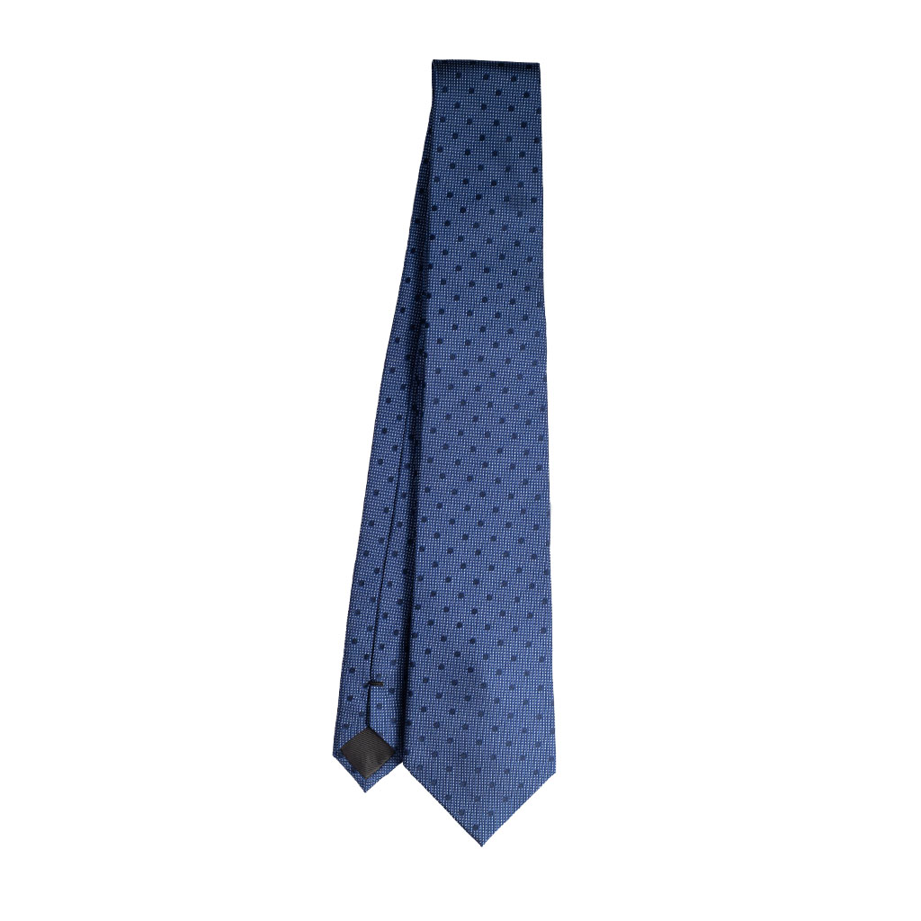 Cravatta pois toni del blu in seta jacquard tre pieghe realizzata a mano in Italia. Elegante cravatta blu fantasia pallini 3 pieghe azzurro