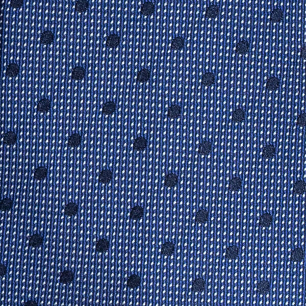 Cravatta pois toni del blu in seta jacquard tre pieghe realizzata a mano in Italia. Elegante cravatta blu fantasia pallini 3 pieghe azzurro