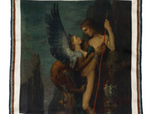 Elegante pochette da giacca in seta orlata a mano raffigurante d'arte l'opera di Gustave Moreau il dipinto "Edipo e la Sfinge"