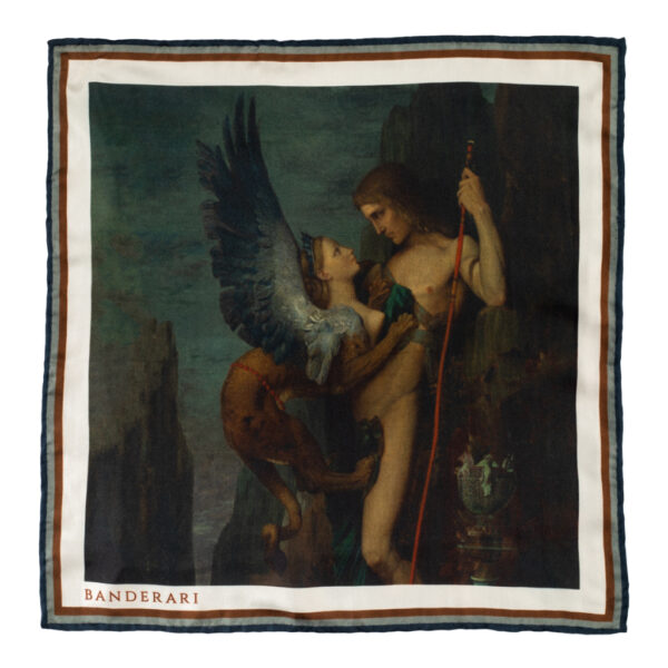 Elegante pochette da giacca in seta orlata a mano raffigurante d'arte l'opera di Gustave Moreau il dipinto "Edipo e la Sfinge"