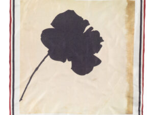 Elegante fazzoletto da taschino in seta orlata a mano raffigurante una rosa nera sfondo beige di Jannis Kounellis "La Rosa Nera". Pochette da giacca in seta