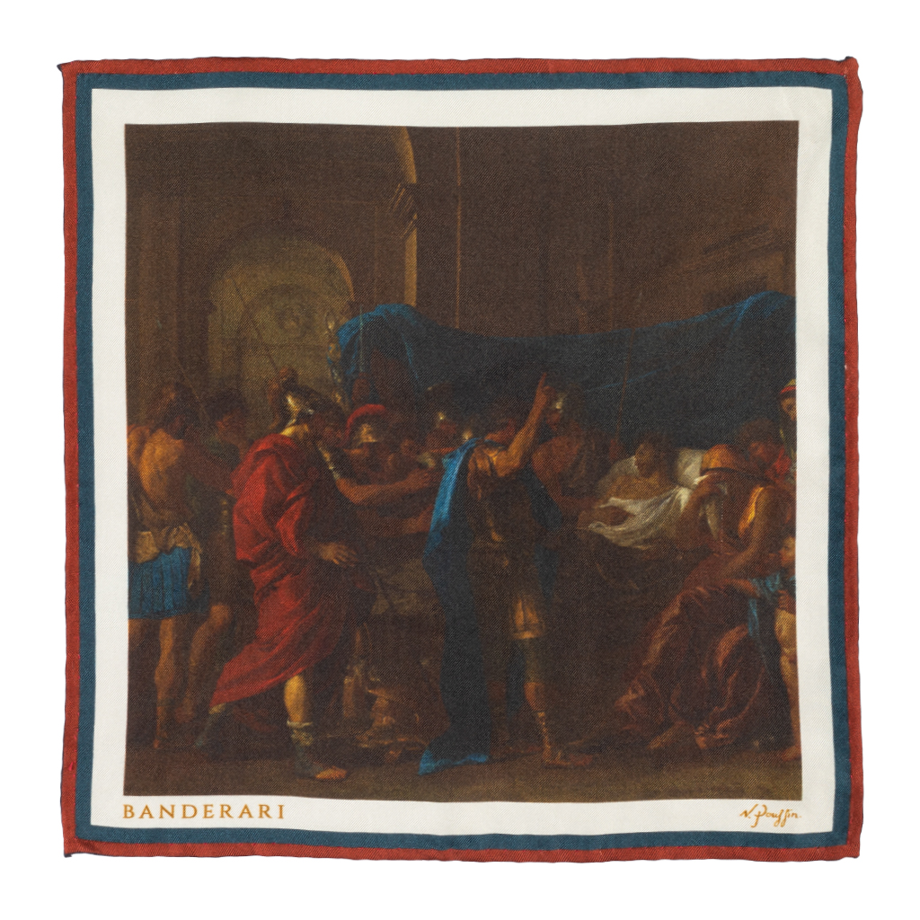 Elegante pochette da giacca in seta orlata a mano raffigurante d'arte l'opera di Nicolas Poussin il dipinto "La morte di Germanico"
