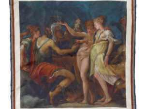 Elegante pochette da giacca in seta orlata a mano raffigurante d'arte l'opera di Andrea Schiavone il dipinto "Le nozze di Amore e Psiche"