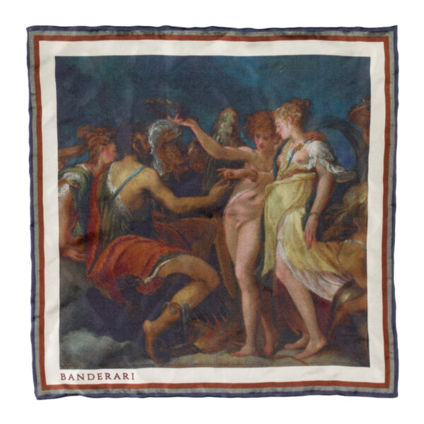 Elegante pochette da giacca in seta orlata a mano raffigurante d'arte l'opera di Andrea Schiavone il dipinto "Le nozze di Amore e Psiche"