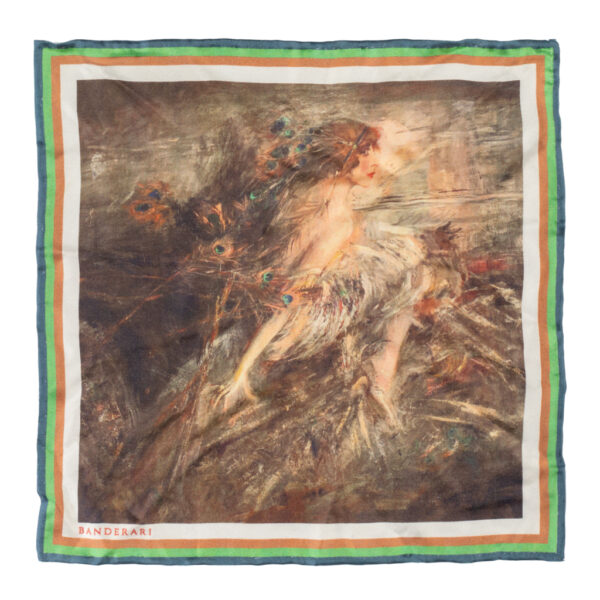 Elegante pochette da giacca in seta orlata a mano raffigurante l'opera di Giovanni Boldini il "Ritratto della marchesa Casati"