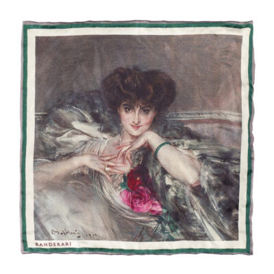 Elegante pochette da giacca in seta orlata a mano raffigurante un ritratto di donna con rose di Giovanni Boldini "Ritratto della principessa Radziwill"