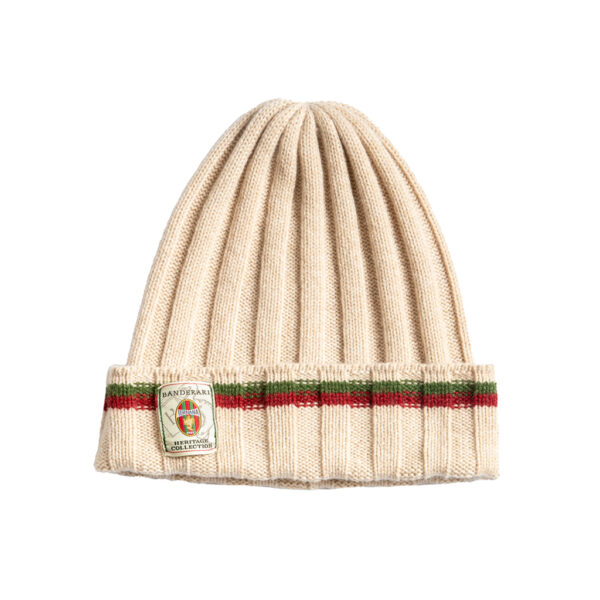 Cappello Ternana in puro Cashmere Cariaggi beige impreziosito da due strisce orizzontali rosso e verdi. Caldo berretto in cashmere delle Fere.