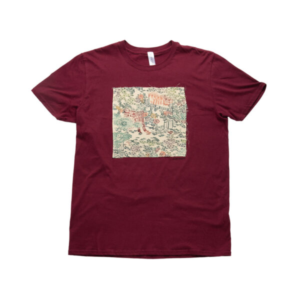 Shoganai è una maglia t-shirt girocollo in cotone organico rossa impreziosita da una scena giapponese ricavata da un pannello di un kimono degli anni ’60