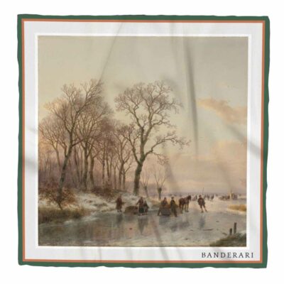 Elegante fazzoletto da taschino Un canale ghiacciato vicino al fiume Maas da giacca in seta orlata a mano raffigurante l'opera d'arte di Andreas Schelfhout