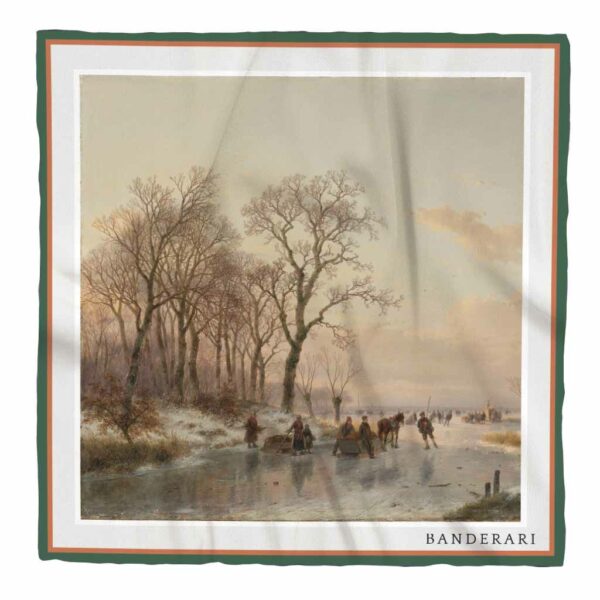 Elegante fazzoletto da taschino Un canale ghiacciato vicino al fiume Maas da giacca in seta orlata a mano raffigurante l'opera d'arte di Andreas Schelfhout