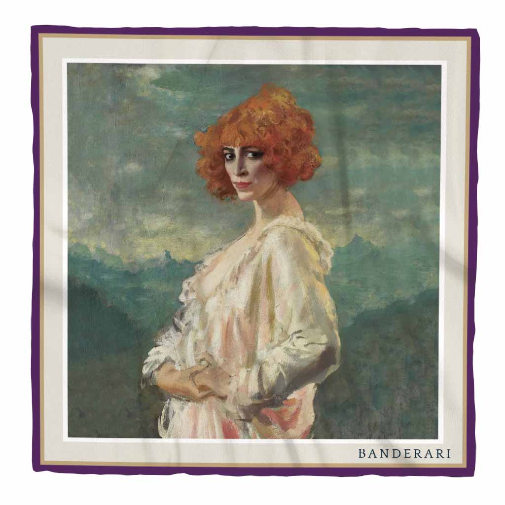 Fazzoletto da taschino Ritratto della marchesa Casati. Elegante fazzoletto da taschino in seta orlata a mano raffigurante l'opera d'arte di Augustus Edwin John