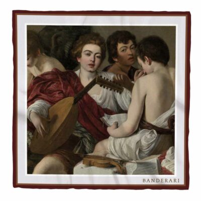 Fazzoletto da taschino I musici. Elegante fazzoletto da taschino in seta orlata a mano raffigurante l'opera d'arte di Michelangelo Merisi Caravaggio