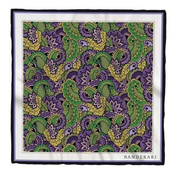 Elegante fazzoletto da taschino in seta orlata a mano dalla fantasia paisley verde, viola e rosa. Pochette da giacca colorata e versatile.