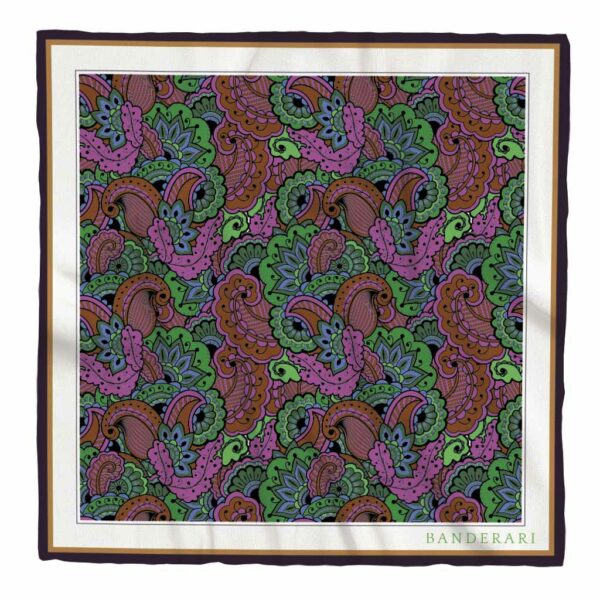 Elegante fazzoletto da taschino in seta orlata a mano dalla fantasia paisley marrone viola verde. Pochette da giacca colorata e versatile.