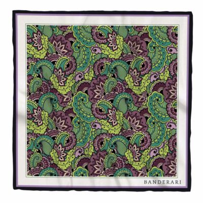 Elegante fazzoletto da taschino in seta orlata a mano dalla fantasia paisley verde marrone viola. Pochette da giacca colorata e versatile.
