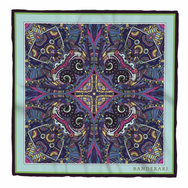 Elegante fazzoletto da taschino in seta orlata a mano dalla fantasia astratta viola azzurro verde. Elegante pochette da taschino giacca colorata